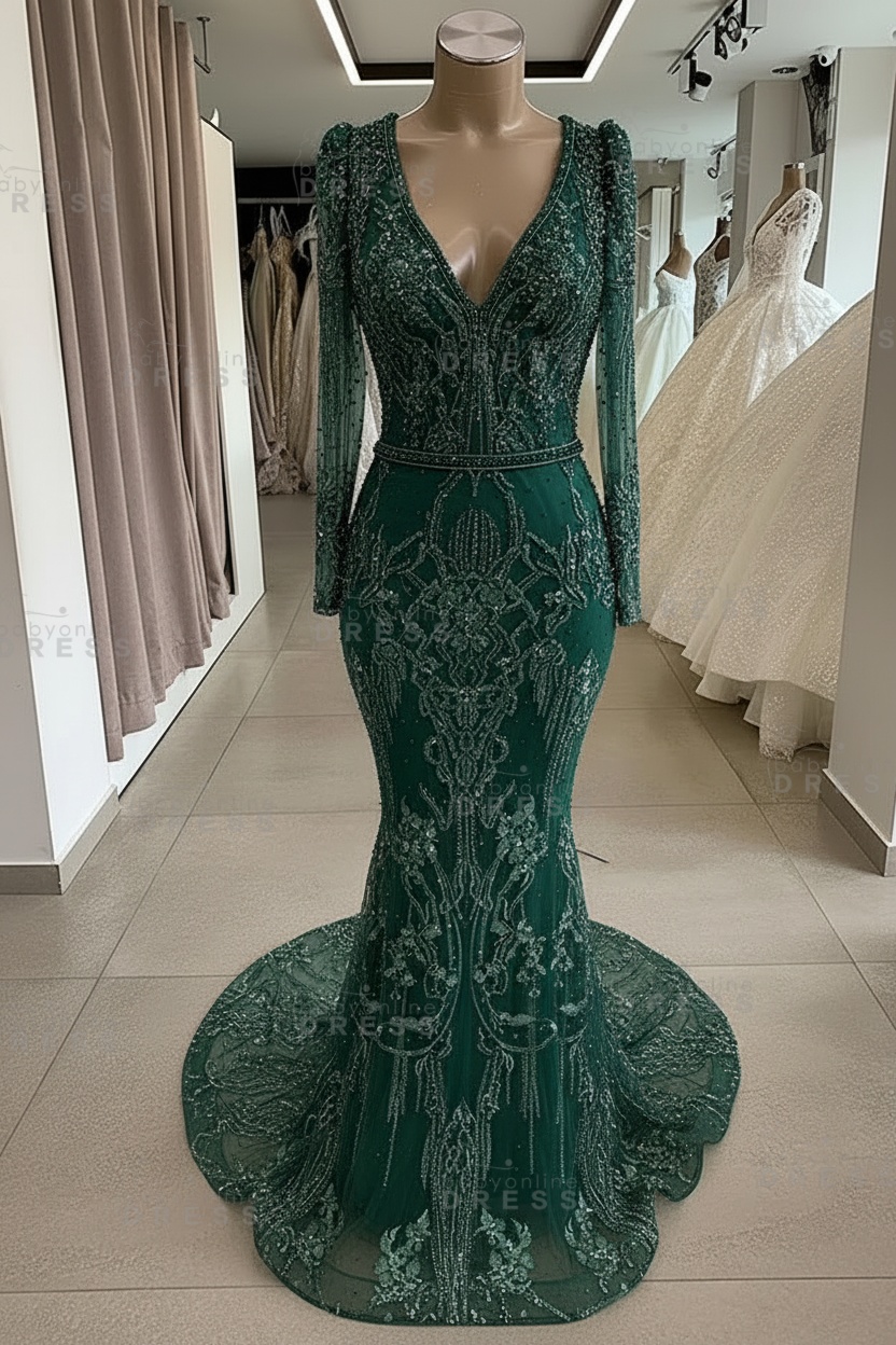 Gorgeous Mermaid Lace Beading V Neck Long Sleeves Prom Dresses | Evening Gowns With Beading Waistband
