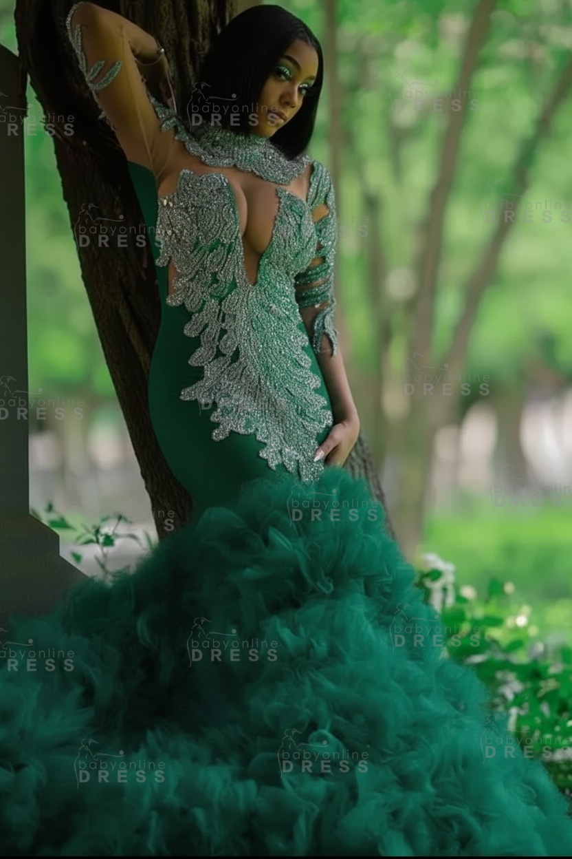 Glamorous Slim Mermaid Evening Gowns with sleeves Beadings Prom Dress