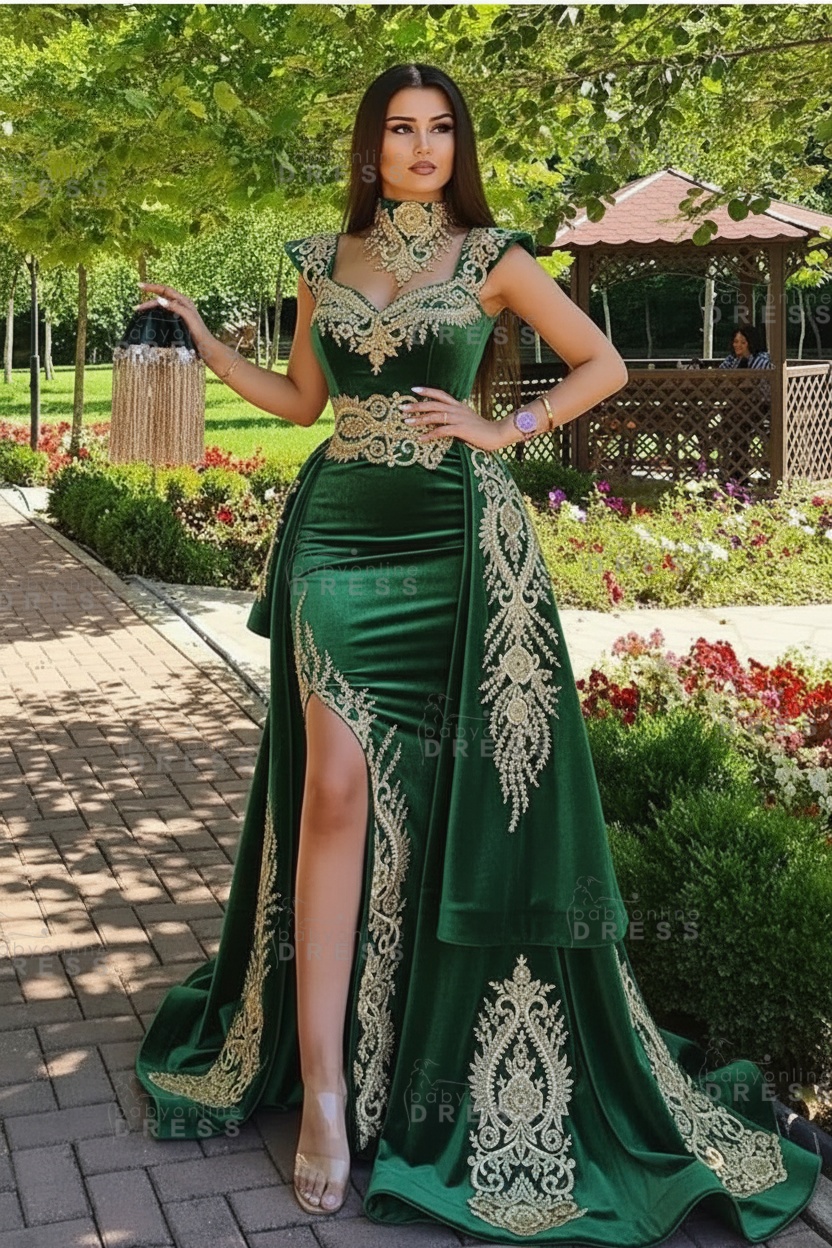 Dark Green Velvet Mermaid Evening Dress with Gold Lace appliques