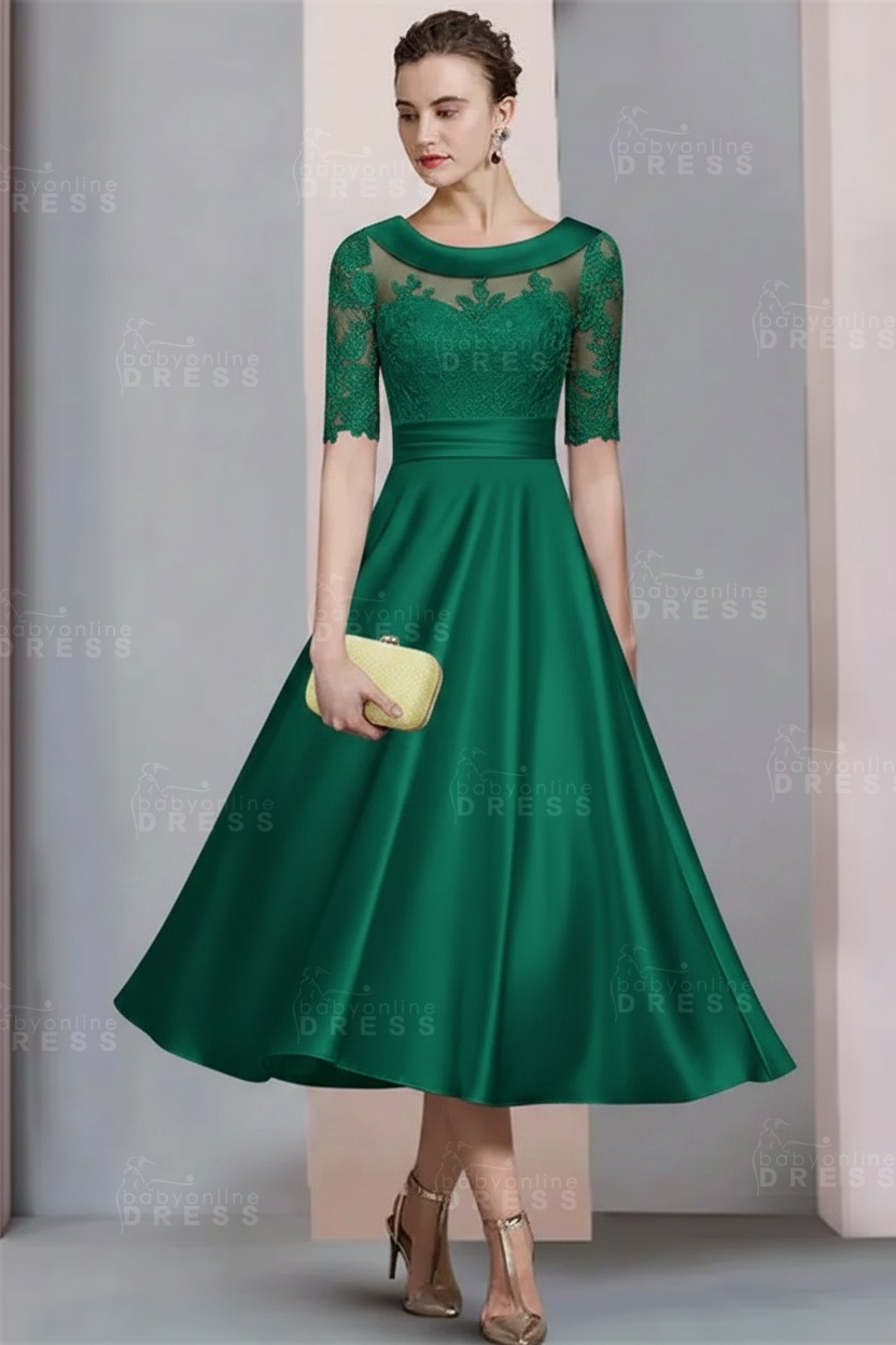 Elegant Ivory Jewel Lace Beading A-Line Tea Length Satin Wedding Guest Dress Formal Mother Dress