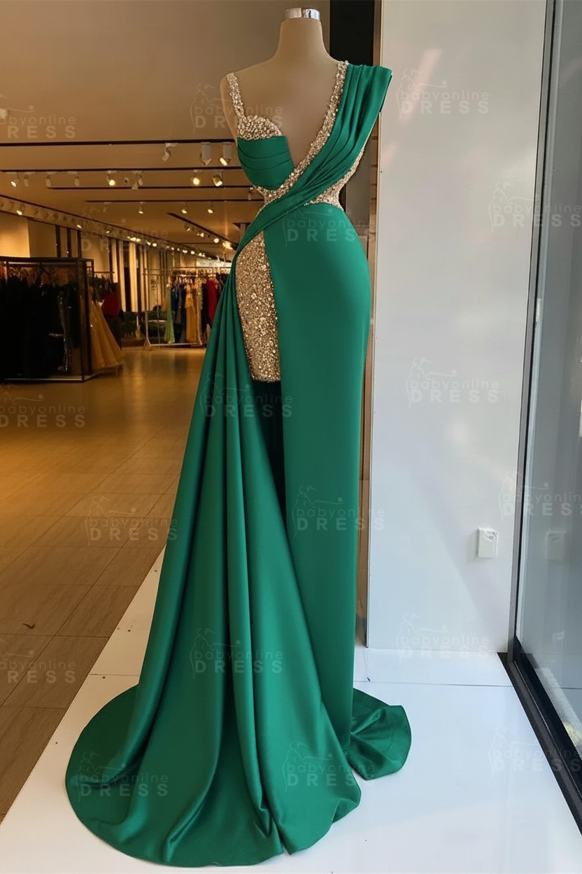 Luxury Satin Prom Dress Sleeveless with Sequins Sleeveless Evening Gown