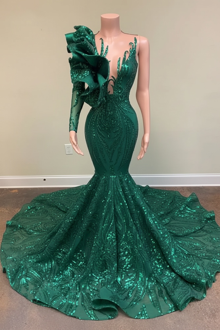 Chic Black Long Sleeve Asymmetrical Floor Length Mermaid Prom Dress