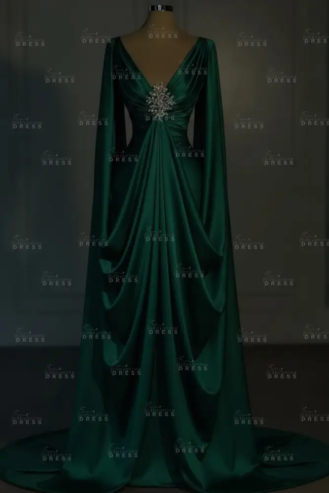 Long sleeves V-neck Satin Ruffles Mermaid Prom Dresses Floor-Length