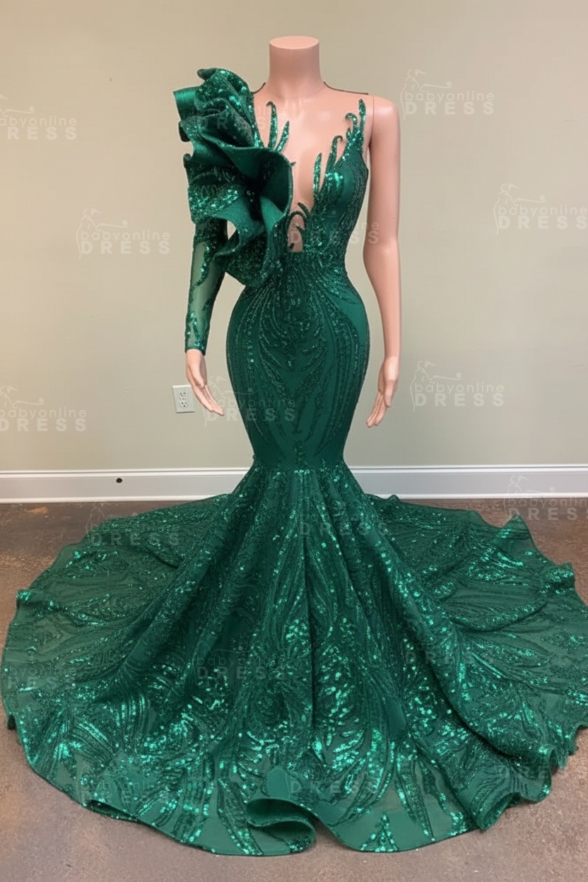 Chic Black Long Sleeve Asymmetrical Floor Length Mermaid Prom Dress