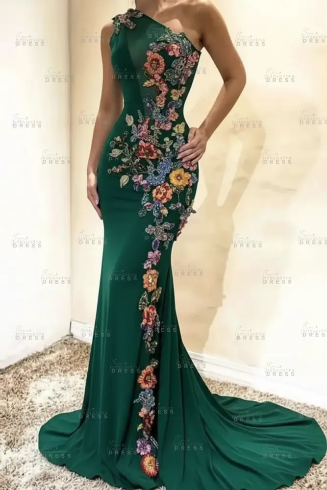 Amazing One-Shoulder Floral Pattern Beadings Floor-Length Mermaid Prom Dress 