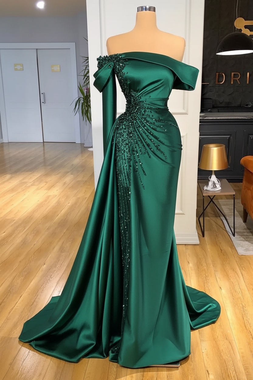 Off-the-Shoulder Satin Floor Length Prom Dress with Side Slit