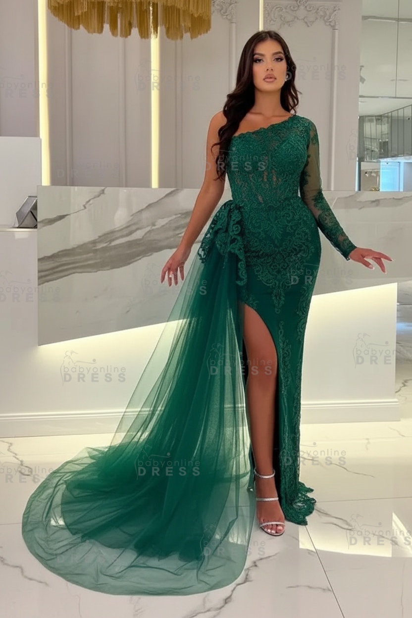 Sexy Sky blue One-shoulder Mermaid Prom Dress Tulle with High split