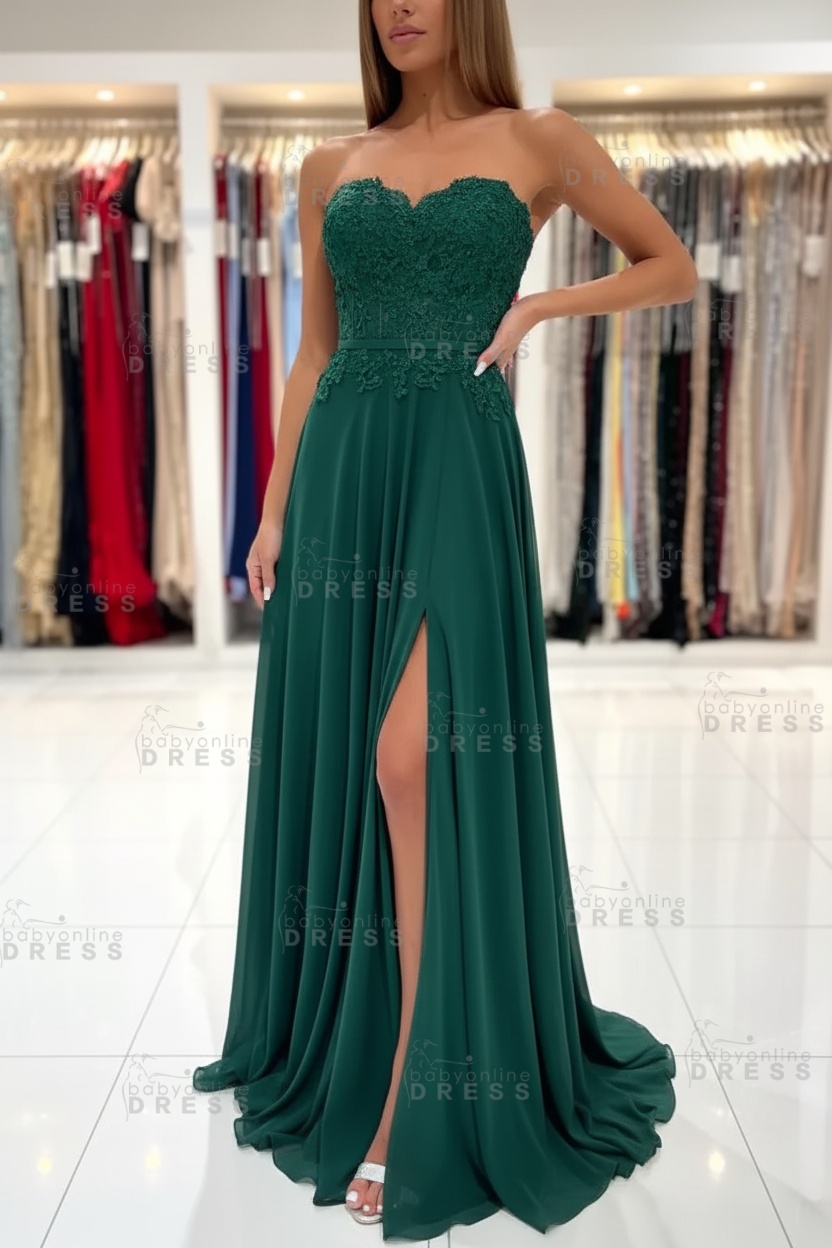 Sweetheart Strapless A-Line Chiffon Floor Length High Split Prom Dress