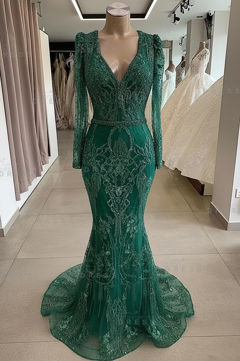 Gorgeous Mermaid Lace Beading V Neck Long Sleeves Prom Dresses | Evening Gowns With Beading Waistband