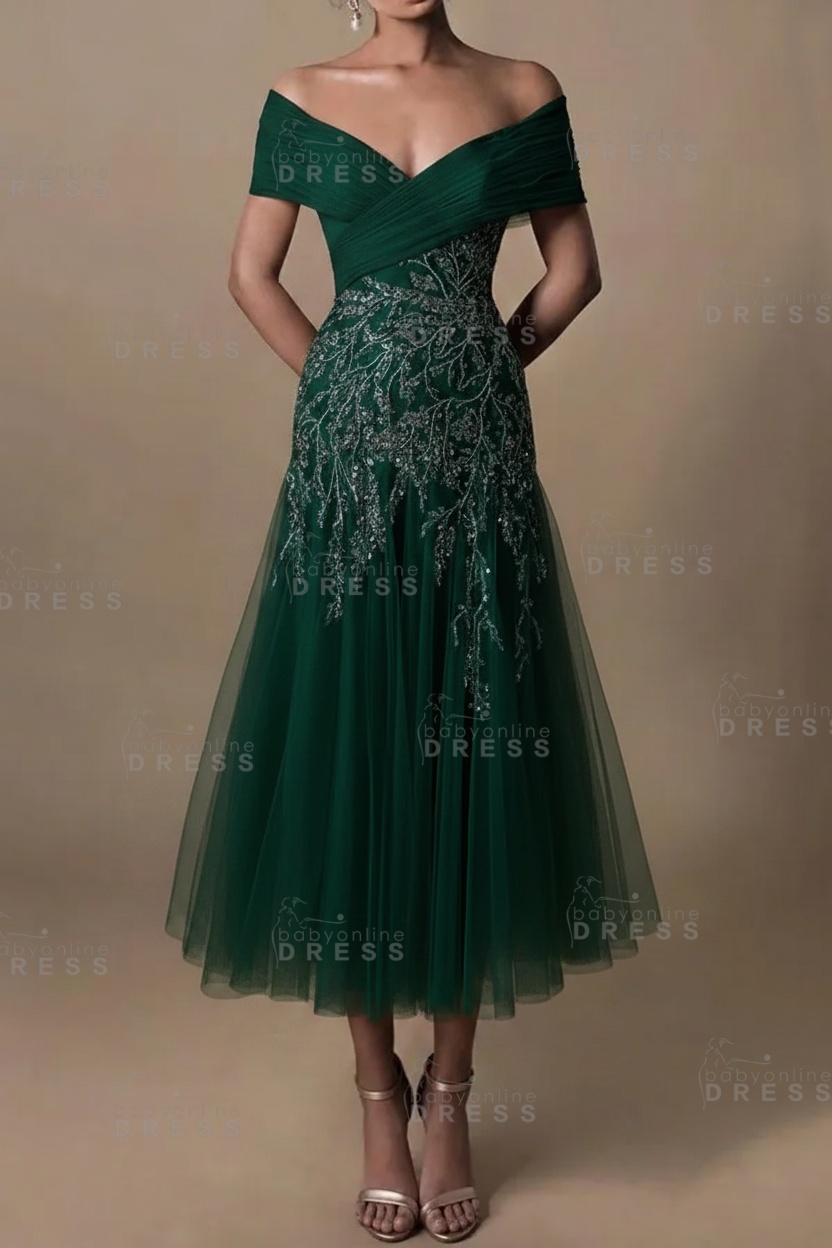 Champagne V-Neck A-Line Tea Length Prom Dress Tulle Mother of the Bride Dress
