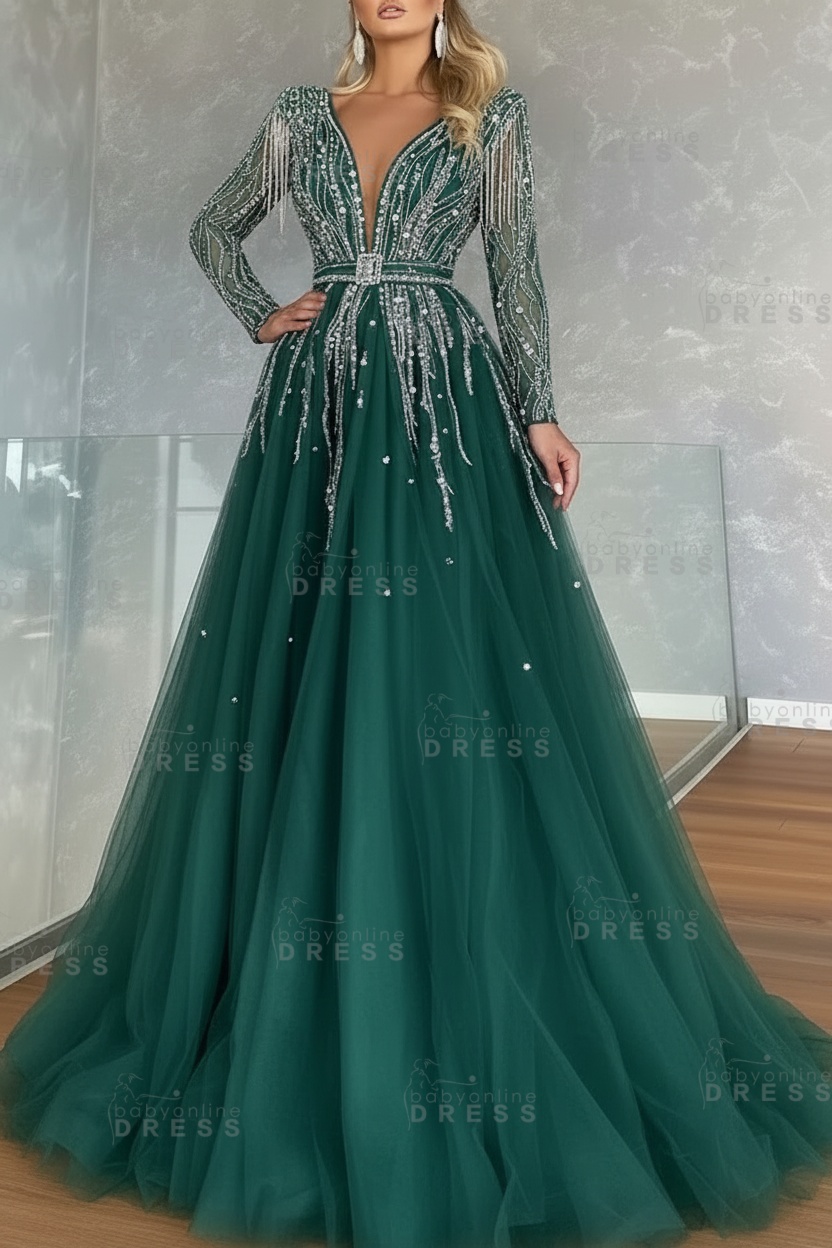 Long Sleeves V-neck Ball Gown A-line Prom Dress with Beadings