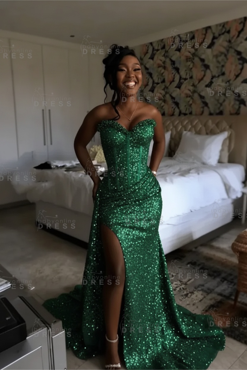 Sexy Orange Mermaid Prom Dress with Sequins High Split Strapless Long Party Dress