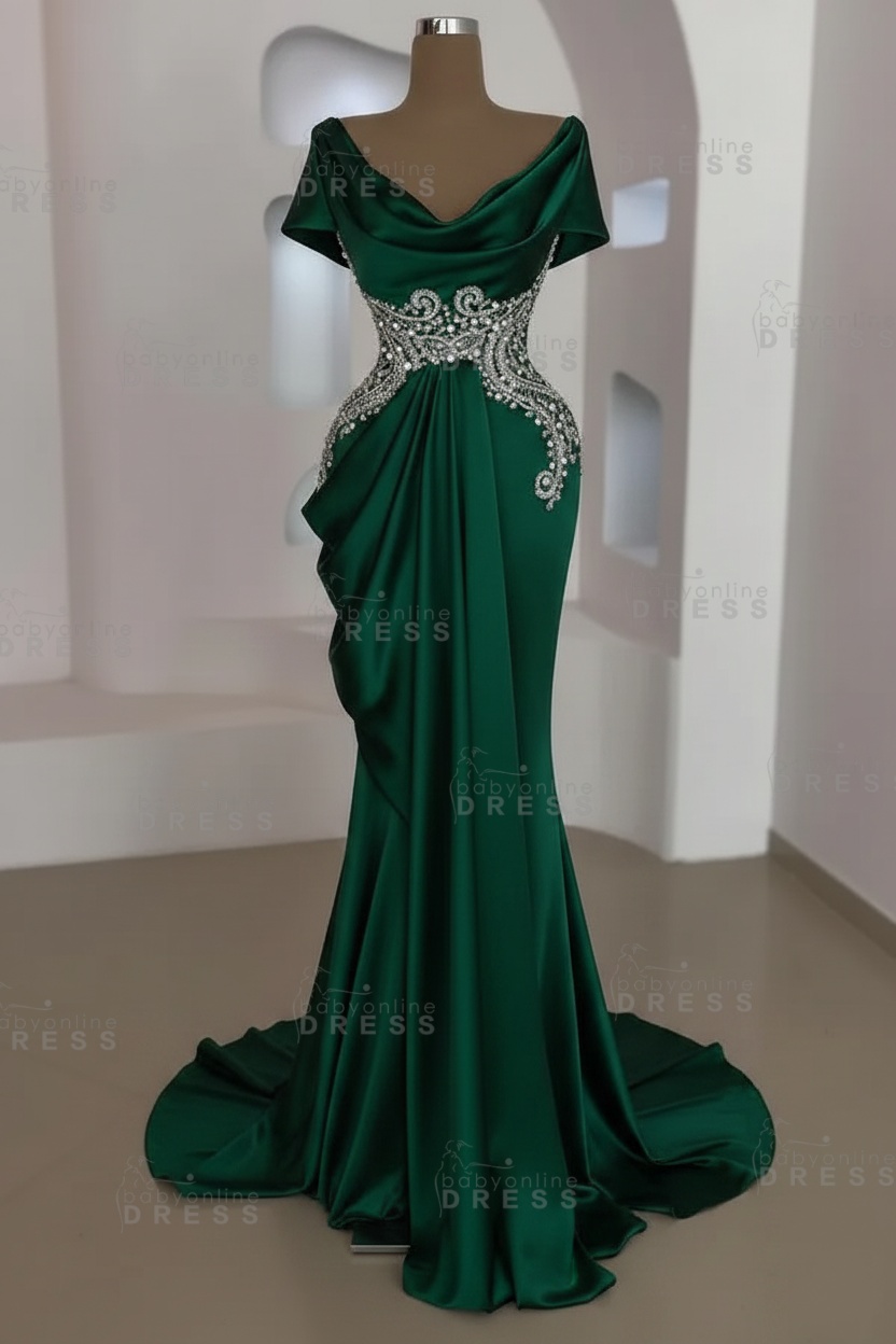 Short sleeves Mermaid Round neck Gray Prom Dresses