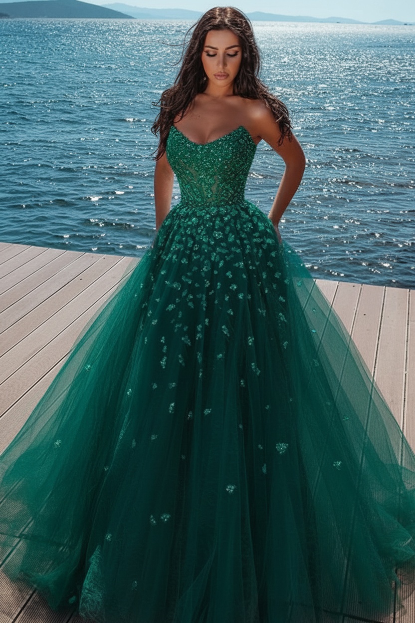 Elegant sky blue Butterfly Strapless Sweetheart Tulle Sparkle Prom Dress