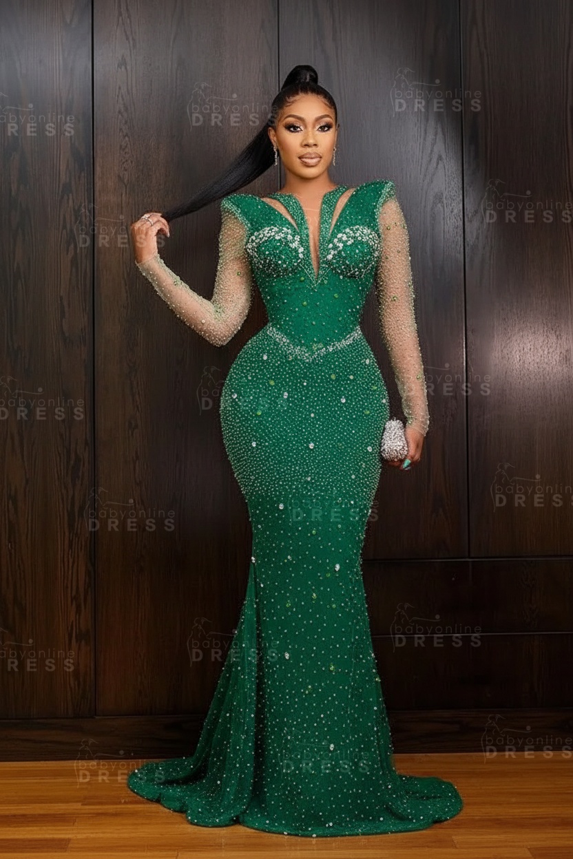 Green V-Neck Beadings Long Sleeves Floor-Length Mermaid Prom Dress