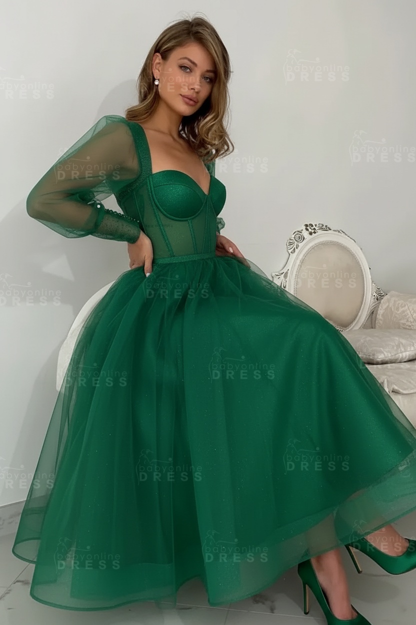 Long sleeves Pink See through Tulle Homecoming Dresses Aline