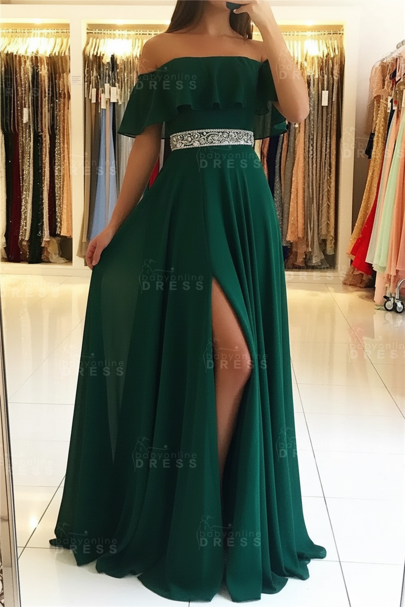 Sky Blue Off The Shoulder Evening Dresses Sexy | Chiffon Side Slit Prom Dress with Crystals Belt