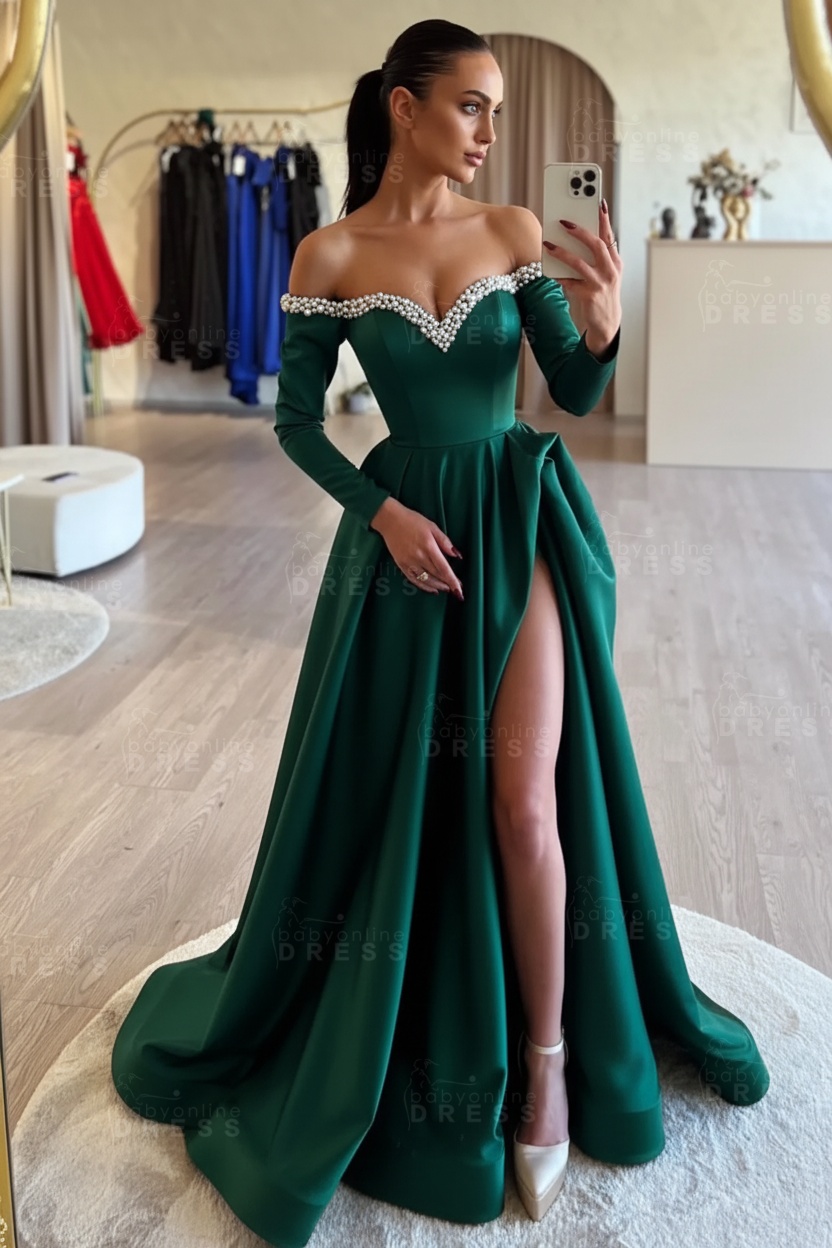 Long sleeves Pearls A-line Princess Front Split Black Prom Dresses
