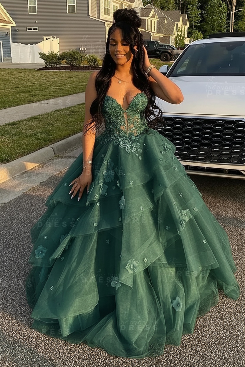 Sleeveless V-Neck Tulle Aline Prom Dress Floral Tiered Ruffles Corset Evening Dress
