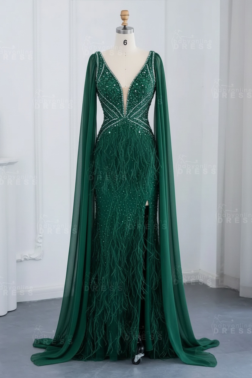 Glamorous V-Neck Fur Beadings Front Slit Mermaid Evening Gowns with Tulle with Cape Sleeves Wedding Party Dress