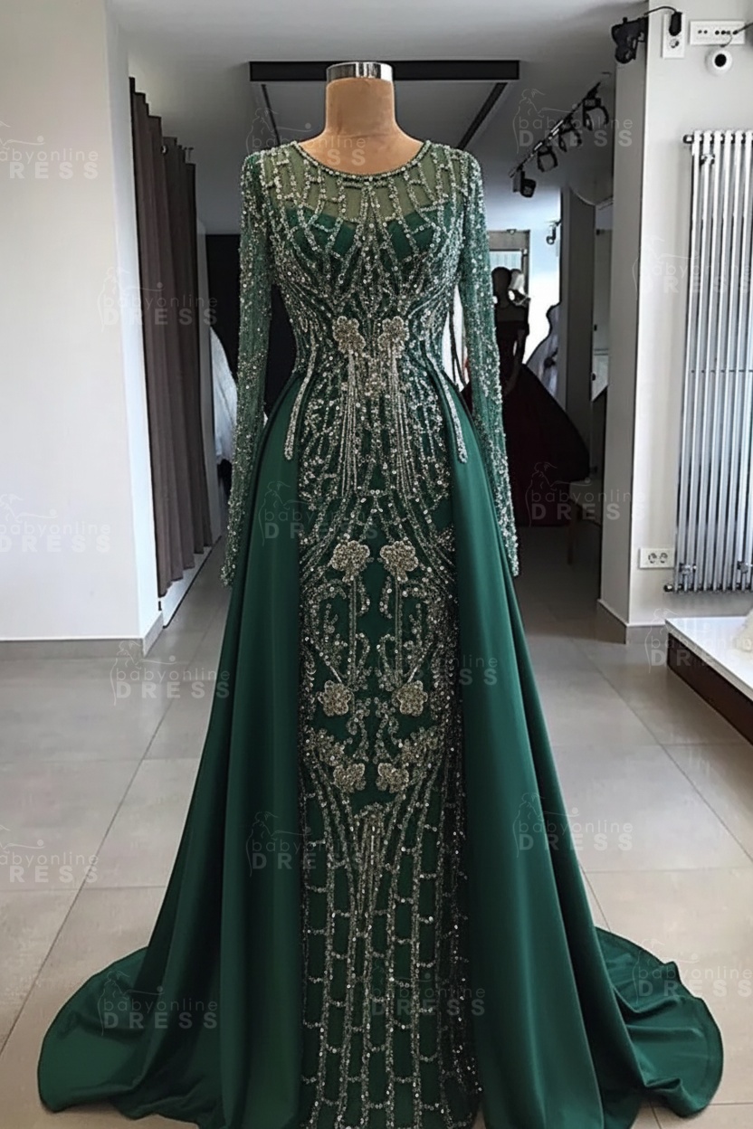 Shining Beaded Long Sleeves Round Neck Prom Dresses With Over Skirt | A Line Evening Gowns