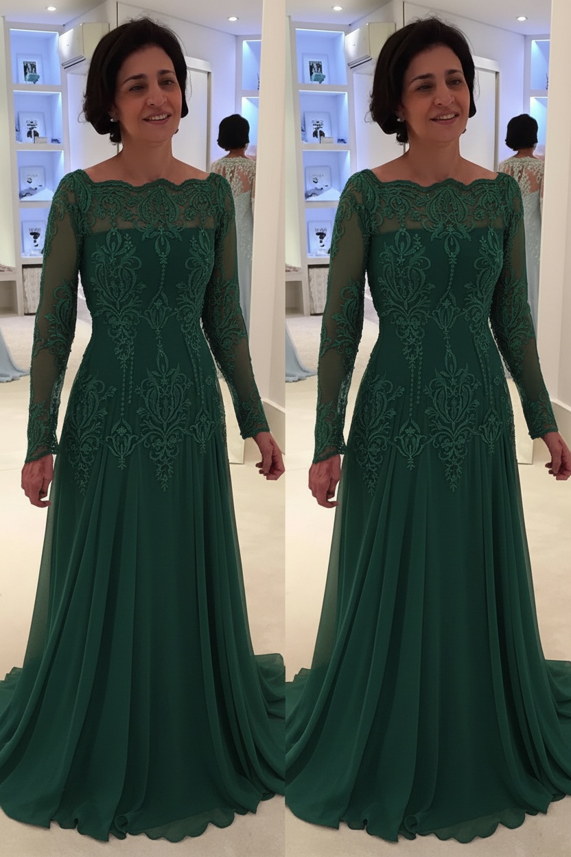 Elegant Floor-Length Lace Long-Sleeves A-line Mother of the Bride Dress 