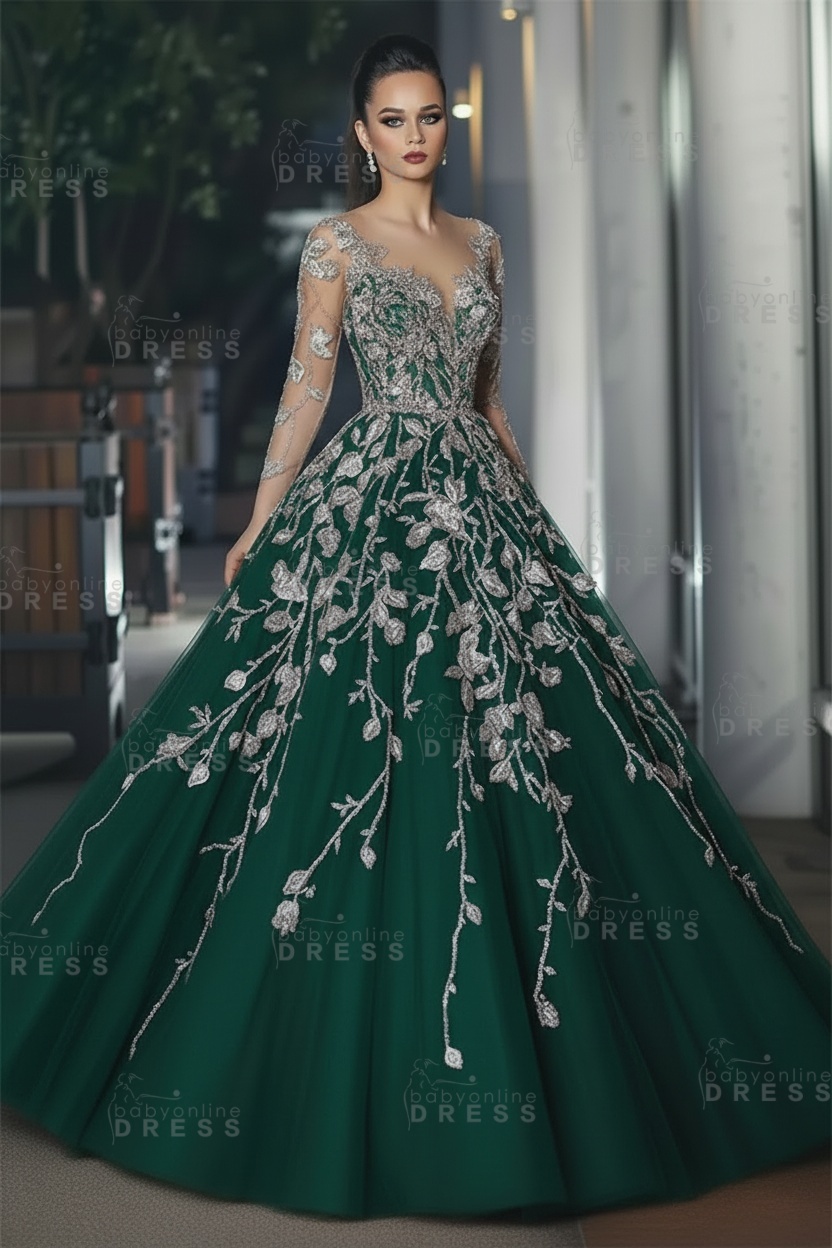 Stunning Illusion Long Sleeve Sexy Evening Gowns | A-line Lace Appliques Tulle Prom Dress