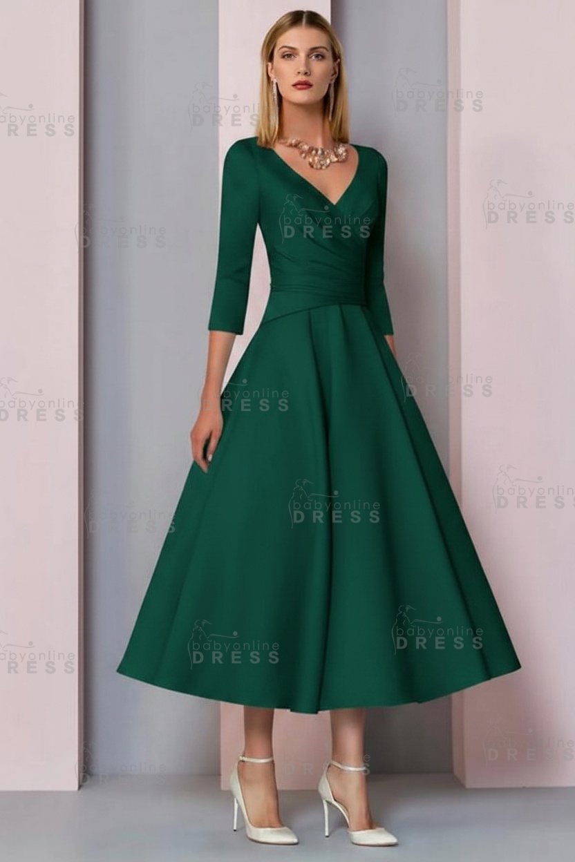 Half Sleeves White Ankle Length Mother of the Bride Dress V-Neck Satin Wedding Guest Dress