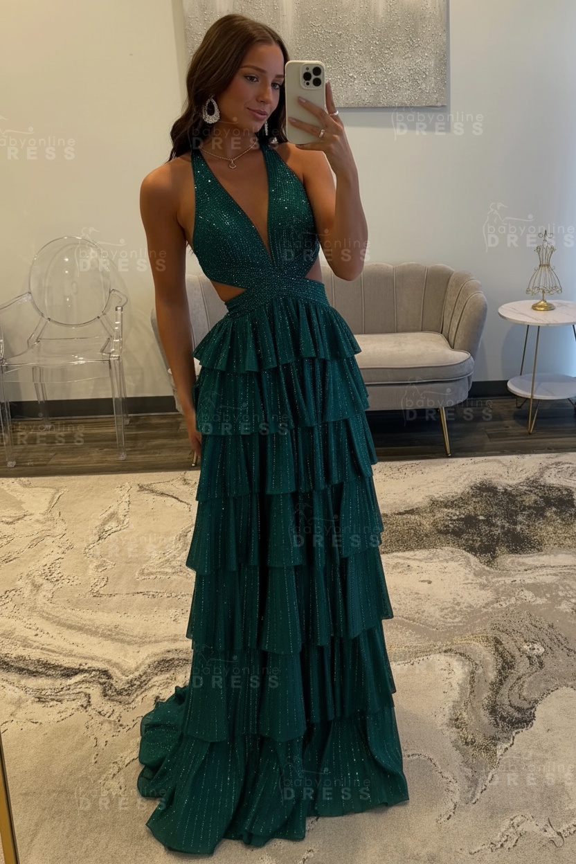 Halter Aline Prom Dress Sequined V-Neck High Split Evening Dress Long