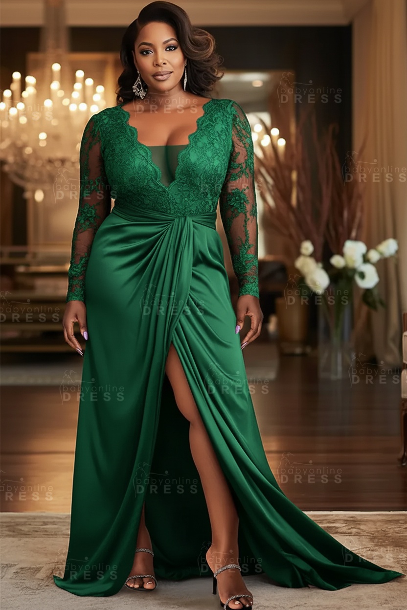 V-neck Appliques Lace Long Sleeve A-Line Prom Dresses with Slit