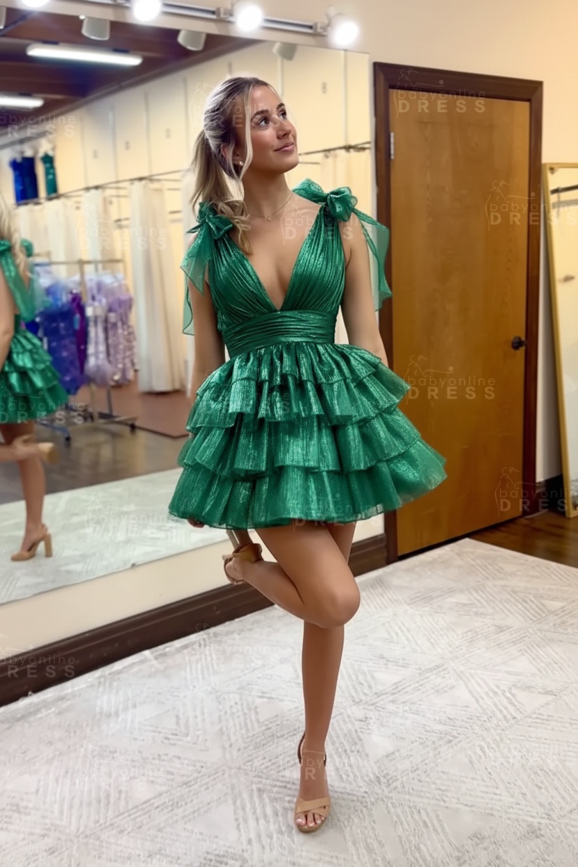 Fuchsia V-Neck Straps Ruffled A-Line Short Homecoming Dress