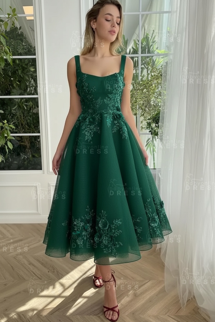 Burgundy Ankle length square neck Homecoming Dress Tulle Aline Formal Dress