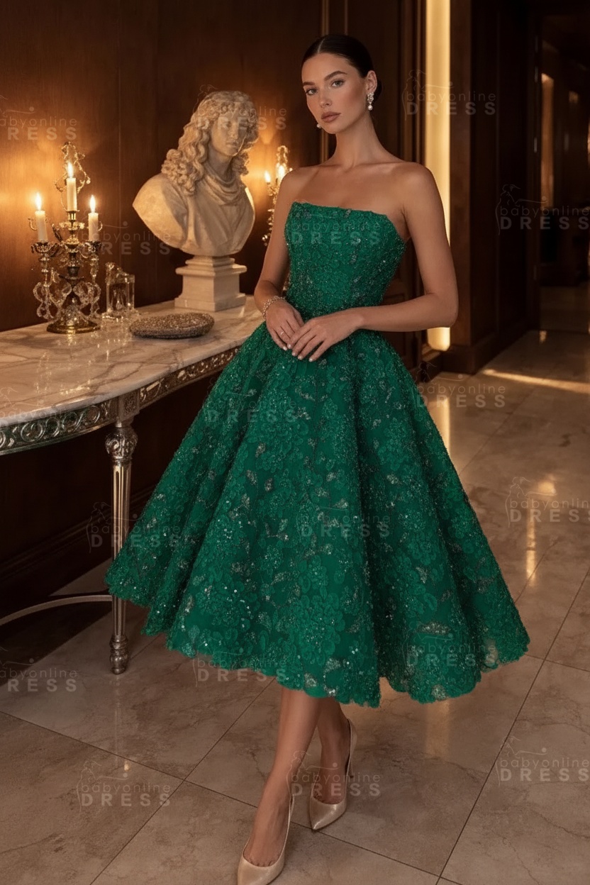 Strapless Yellow Floral A-Line Tea Length Prom Dress with Beadings