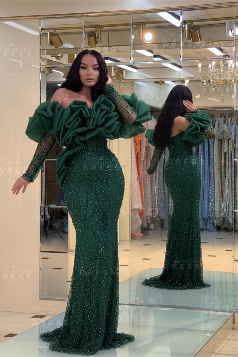 Bubble Sleeves Long Mermaid Prom Dress with Sequins and Beadings