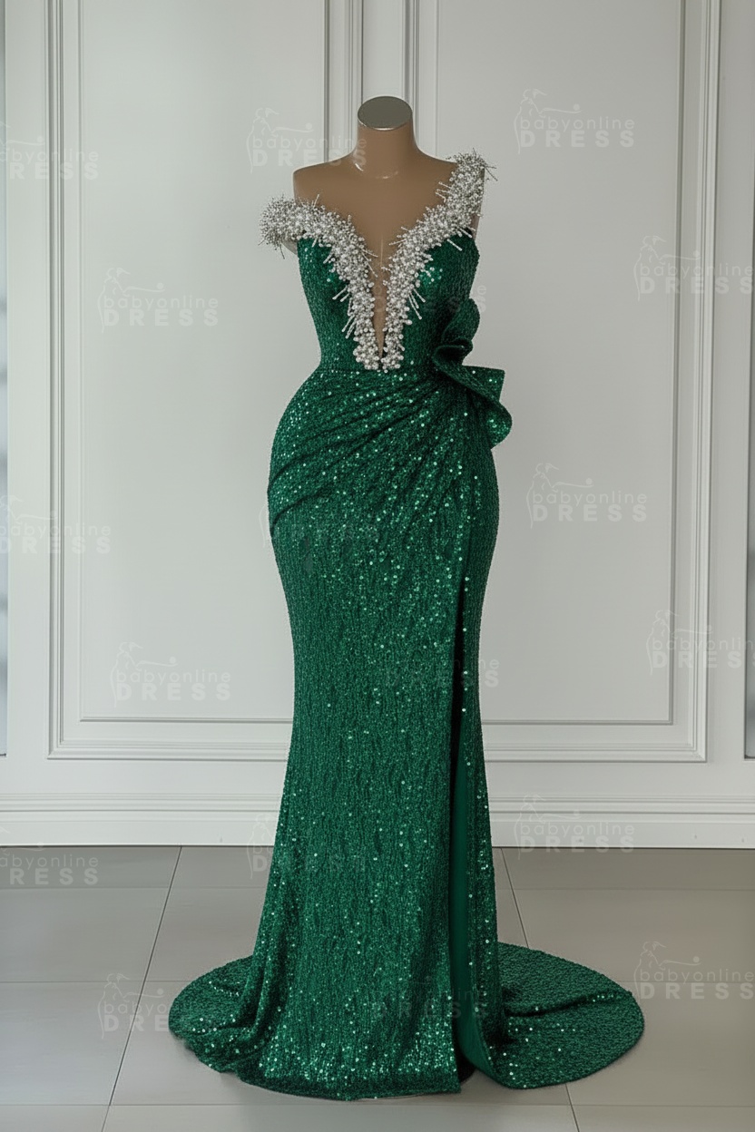 One Shoulder Sequins Sleeveless Long Mermaid Prom Dress