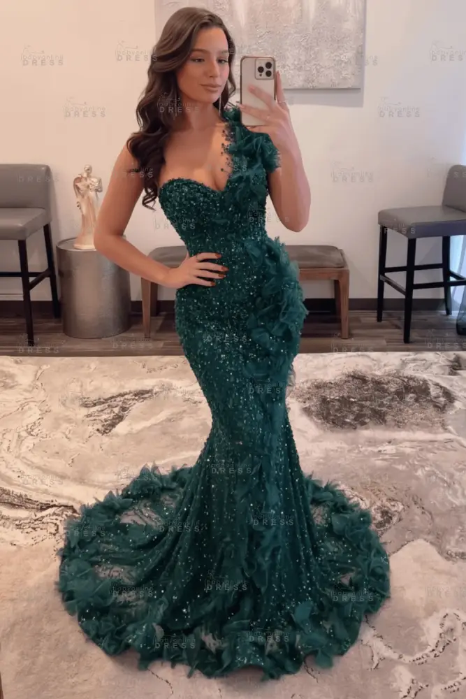 Luxury One Shoulder Sequins Mermaid Prom Dress with Beadings Evening Gown Appliques