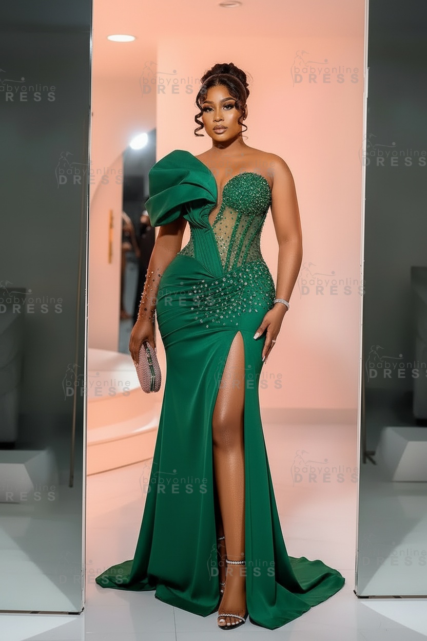 One-Shoulder Long Sleeves Corset Beadings Mermaid Prom Dress with High Split
