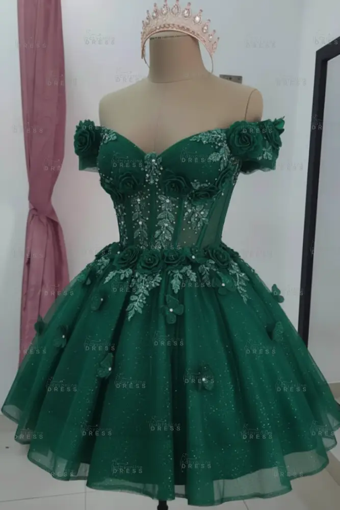 Emerald Green Sparkly Off Shoulder Tulle Homecoming Dresses Short