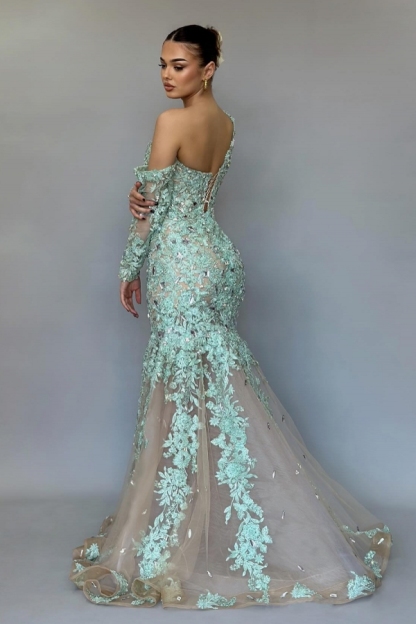 Emerald Green One shoulder Lace Prom Dresses