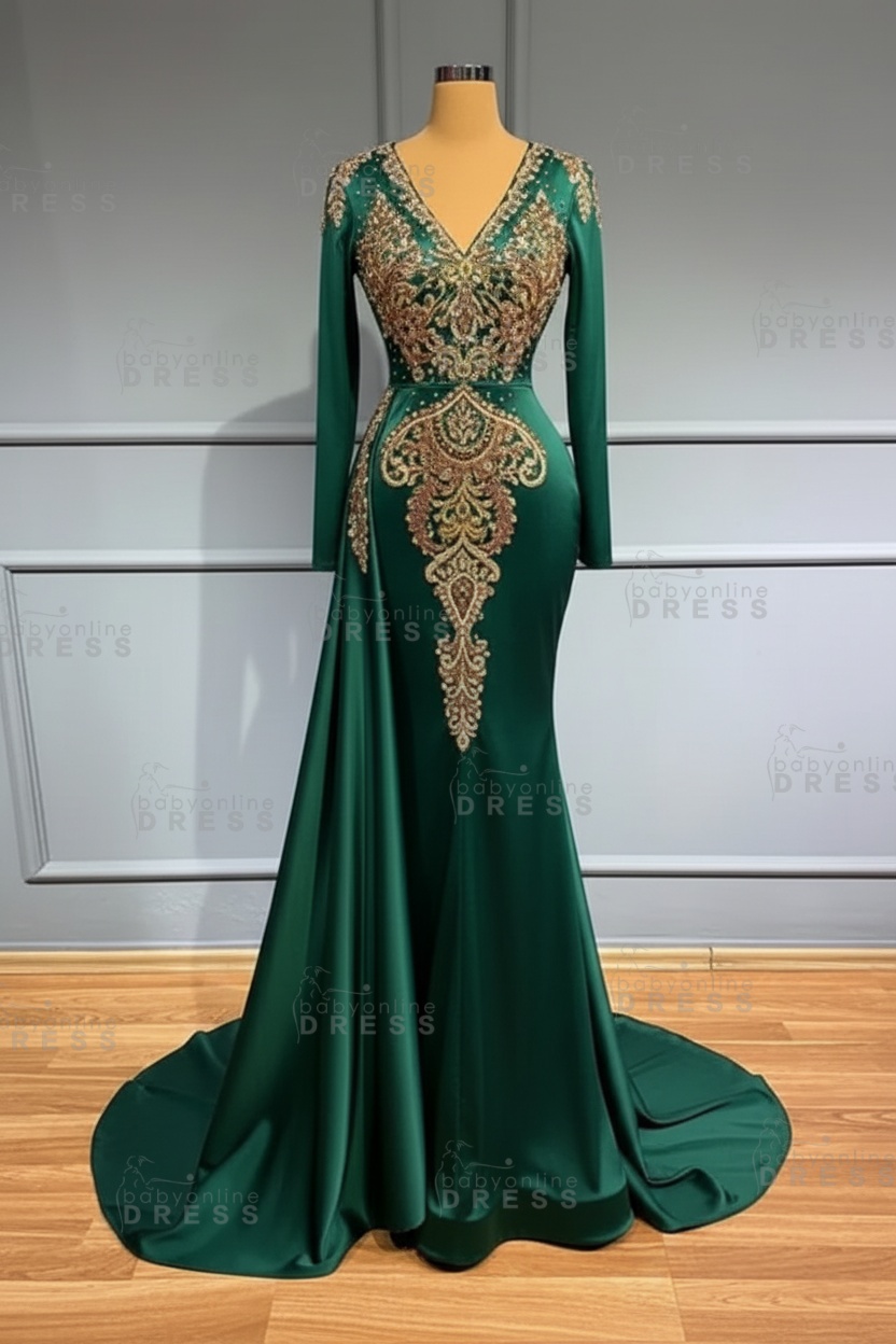 Glamorous V-Neck Long Sleeves Mermaid Prom Dress with Crystals