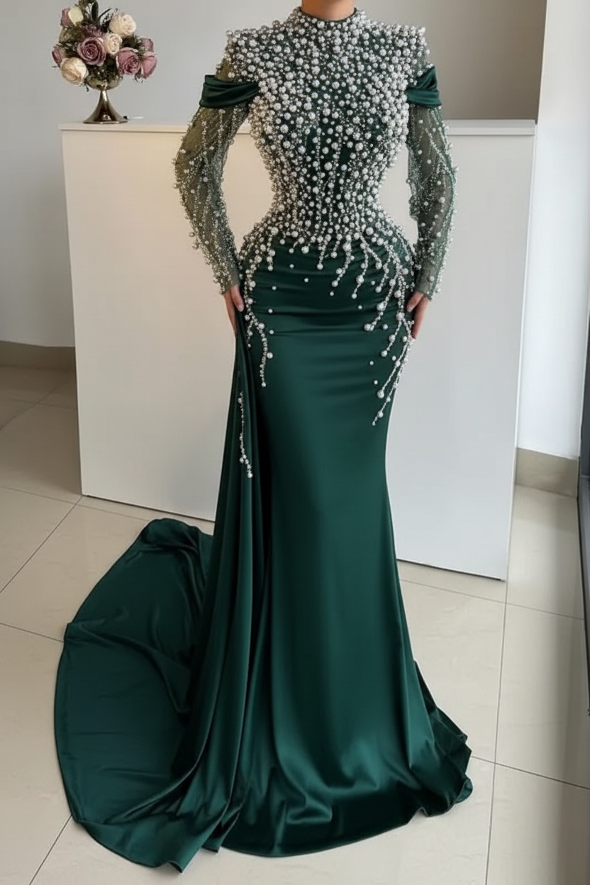 Unique High Neck Beading Long Sleeve Mermaid Prom Dresses
