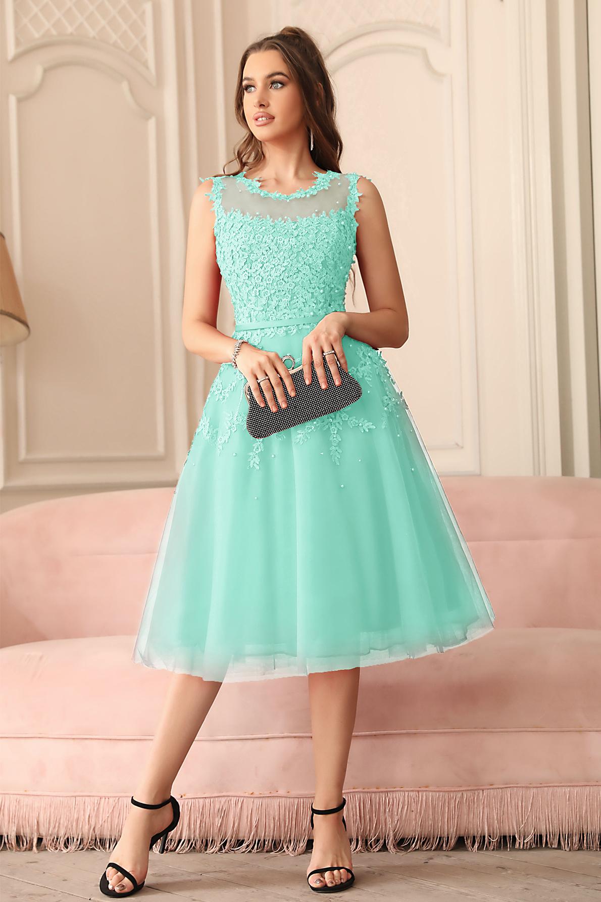 EMORY | A-Line Crew Tea Length Lace Appliques Short Prom Dresses