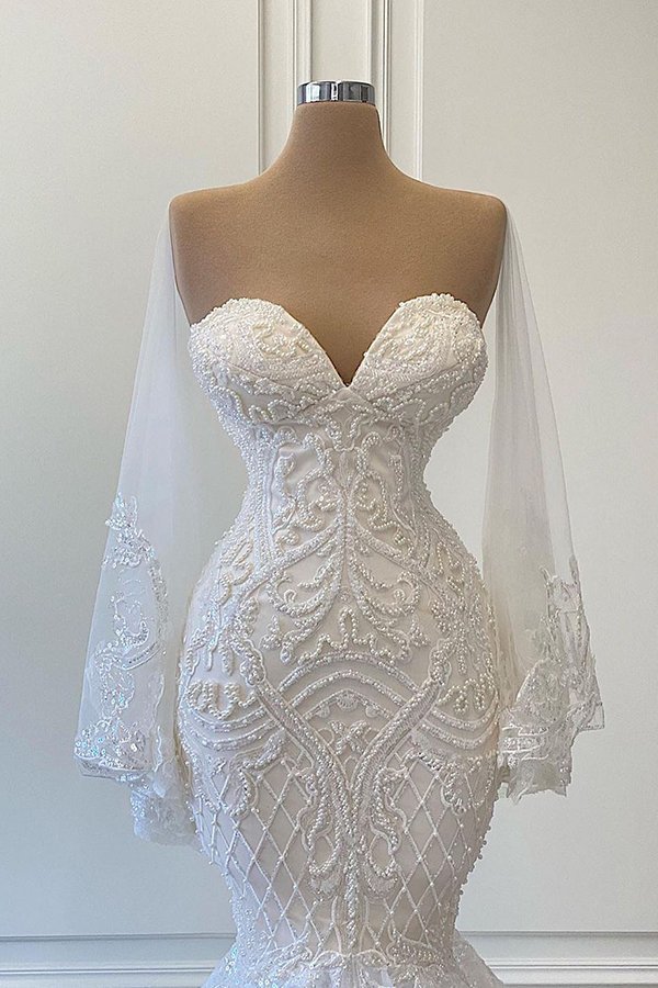 Long sleeves White Mermaid Court Train Wedding Dresses