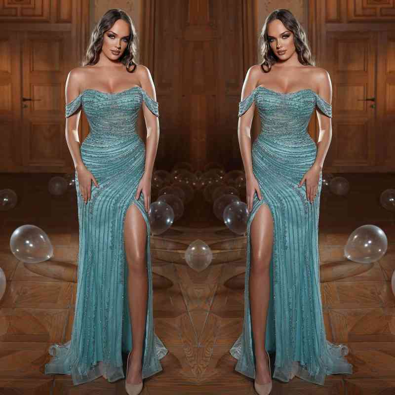 Dusty Sage Off the shoulder High Split Prom Dresses