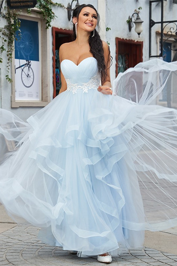 Elegant Sweetheart Tulle Ruffles Light Blue Prom Dresses