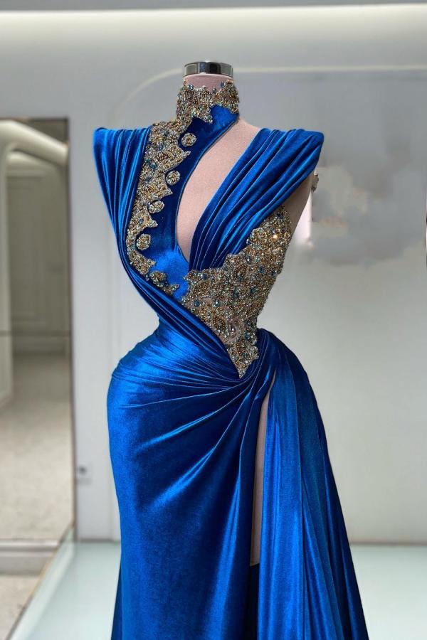 Navy Blue Keyhole Long Sleeveless Prom Dresses