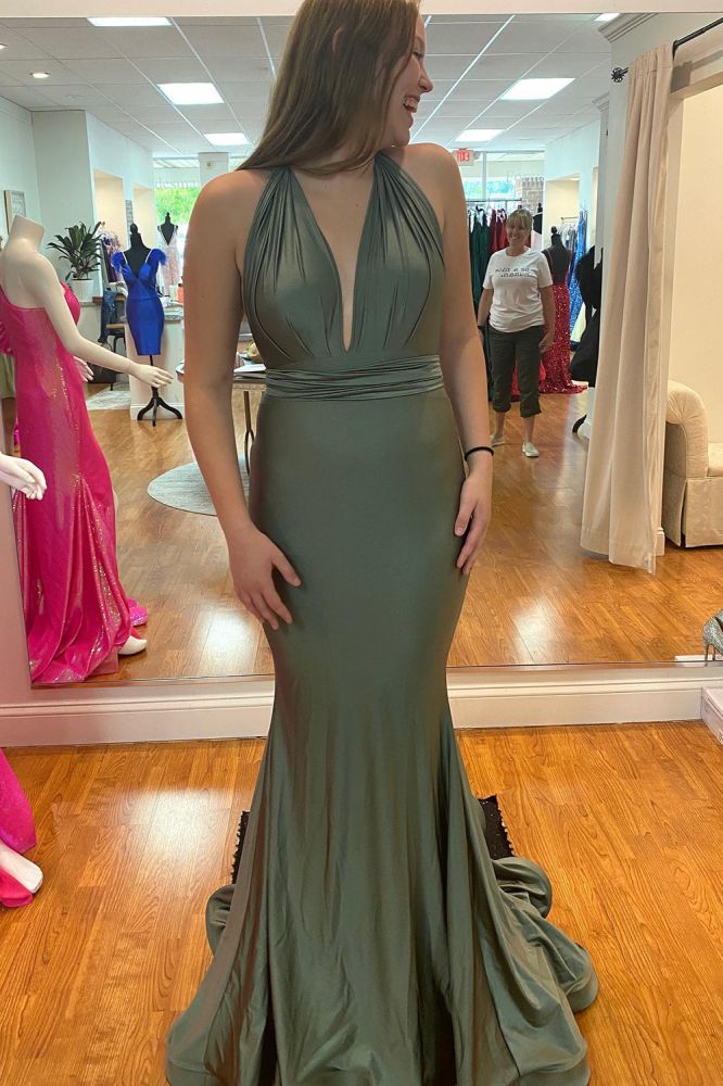 Wide Straps Deep V-neck Open Back Floor-length Ruffles Mermaid Prom Dress