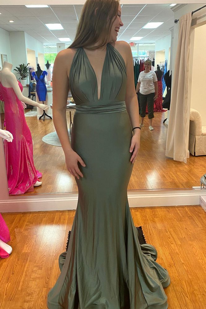 Wide Straps Deep V-neck Open Back Floor-length Ruffles Mermaid Prom Dress