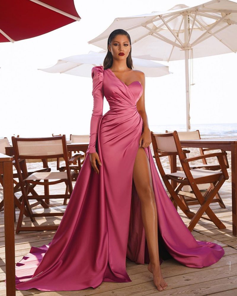 One Shoulder Satin Side Split Evening Maxi Gowns with Sweep Train