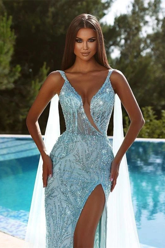Sparkle Blue V-neck Straps High Split Evening Dresses